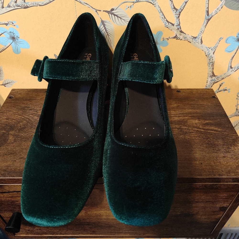 Geox Dark Green Velvet Mary Jane Block Heels
